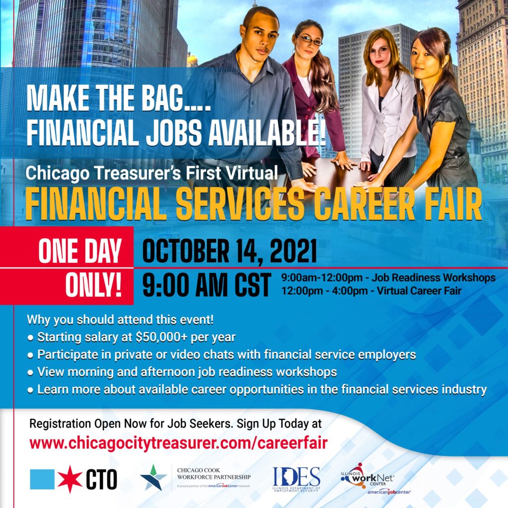 A flyer for the Chicago Treasurer's Office's Financial Services Career Fair.